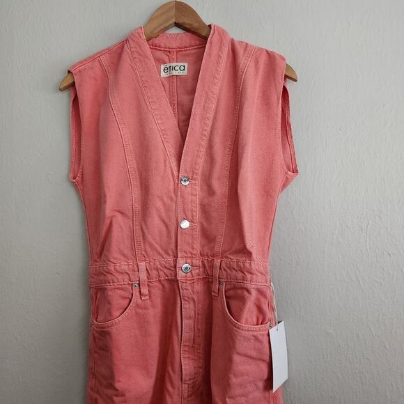 Etica Anthropologie Camden Denim Jumpsuit Coral Wide Leg Utility Small NWT - Picture 9 of 15